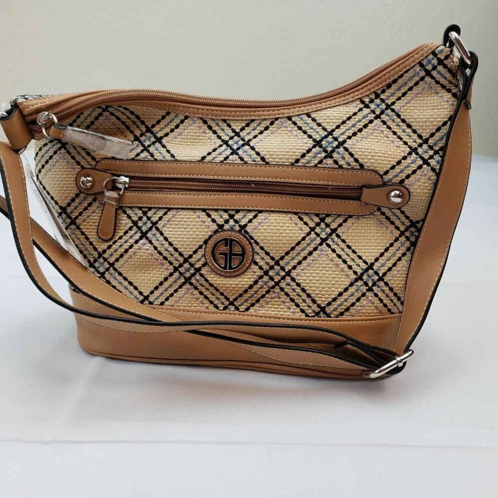NWT Giani Bernini Straw Plaid Tan Med Purse